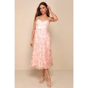 Lulu's Finest Endeavor Blush Pink Floral Pleated Bustier Midi Dress Size M